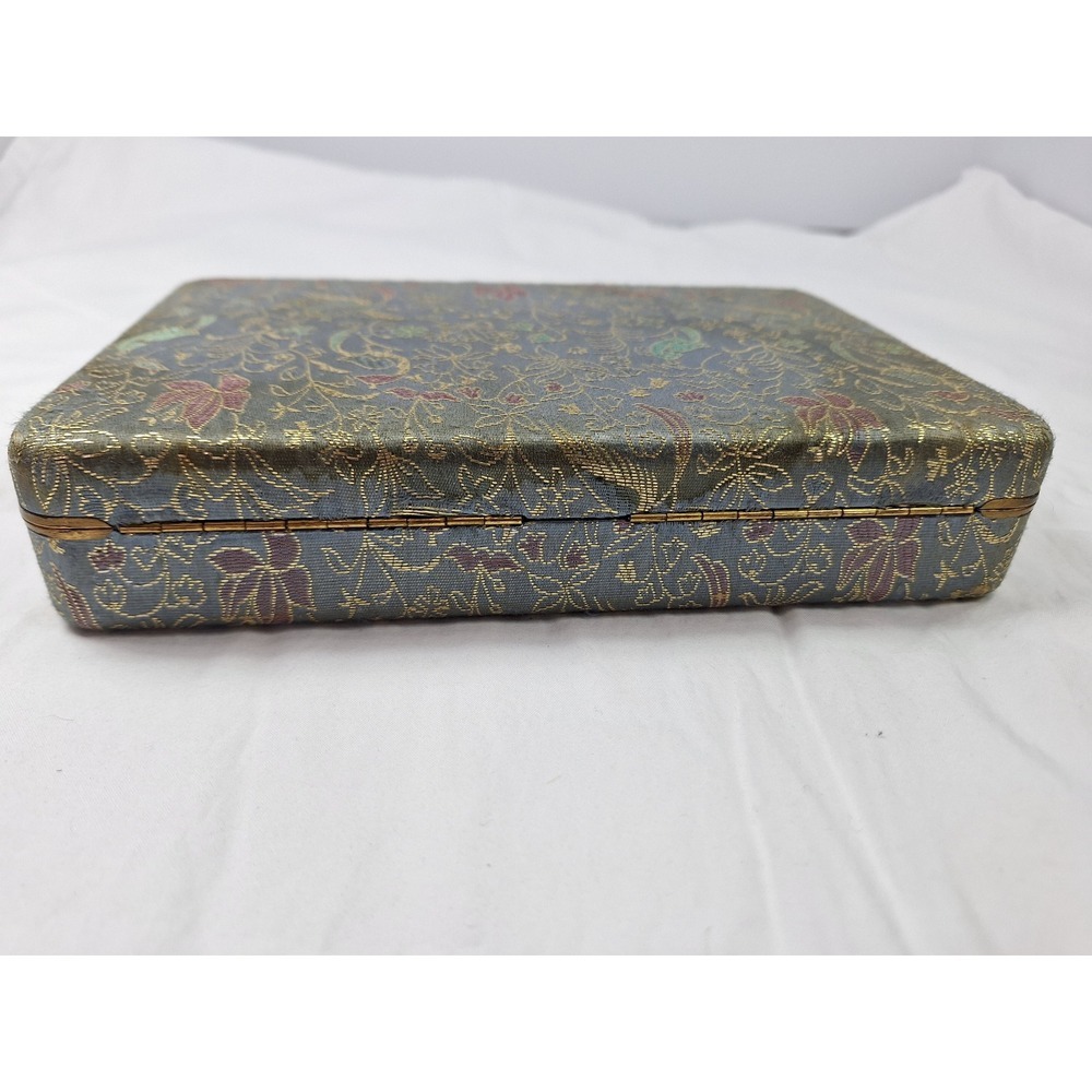 Vintage Blue Silk Brocade Jewelry Box Gold Floral Bird Pattern with Key - Picture 13 of 13